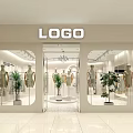 Modern Shopping Mall Clothing Store With Window Display Mannequin Hanging Apparel Curved Design And Green Plant