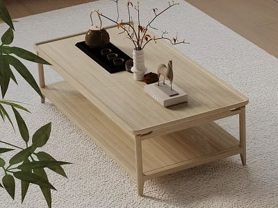 Light Wood Sofa Coffee Table Combination with Tea Set Vase Dried Flowers and Decorative Figurine 3d model