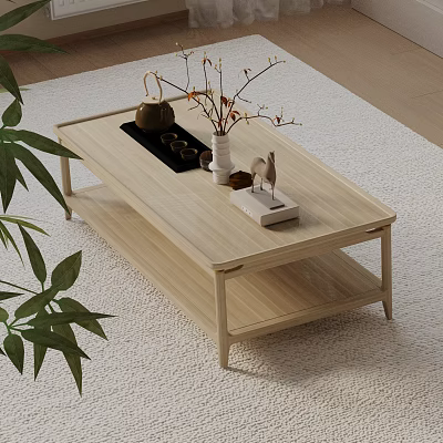 Light Wood Sofa Coffee Table Combination with Tea Set Vase Dried Flowers and Decorative Figurine 3d model