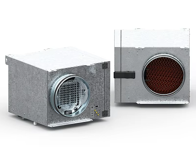 Two Industrial Ventilation Units With Silver Metal Enclosure And Circular Air Grilles 3d model