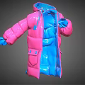 Shiny Pink And Blue Puffer Jacket 3D Model With Blue Cuffs And Pockets