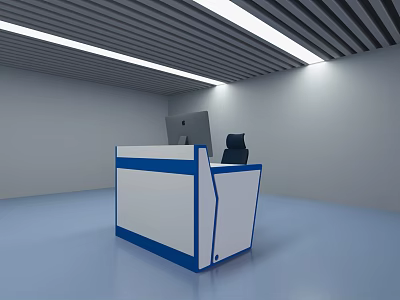 Modern Office Reception Area With Blue White Desk Computer Monitor And Black Chair 3d model