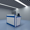 Modern Office Reception Area With Blue White Desk Computer Monitor And Black Chair