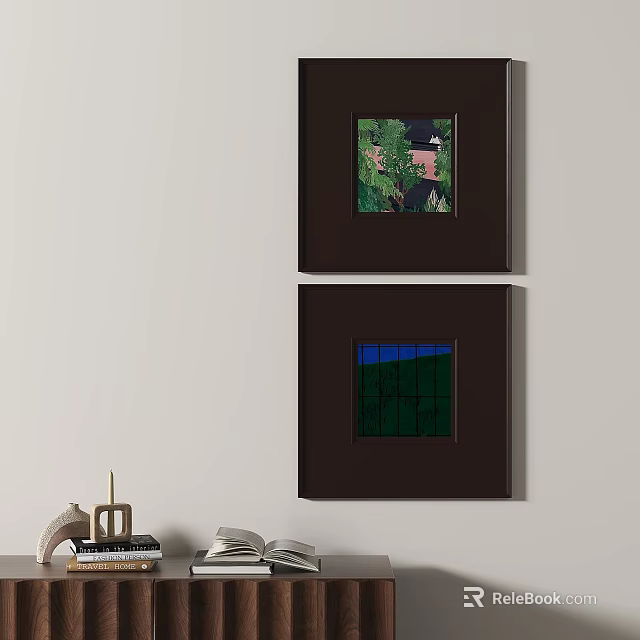 Abstract Painting Two Panel Dark Frame Green Blue Tones On Wall Interior Decor 3d model 