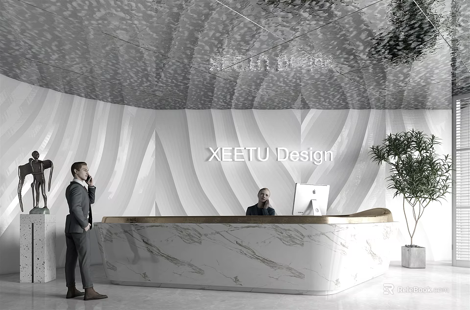 XEEITU Design Modern Reception Desk With Marble Counter And Decorative Plant Sculpture 3d model 