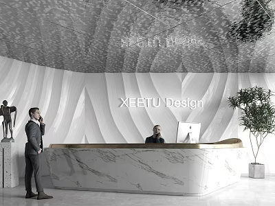 XEEITU Design Modern Reception Desk With Marble Counter And Decorative Plant Sculpture 3d model