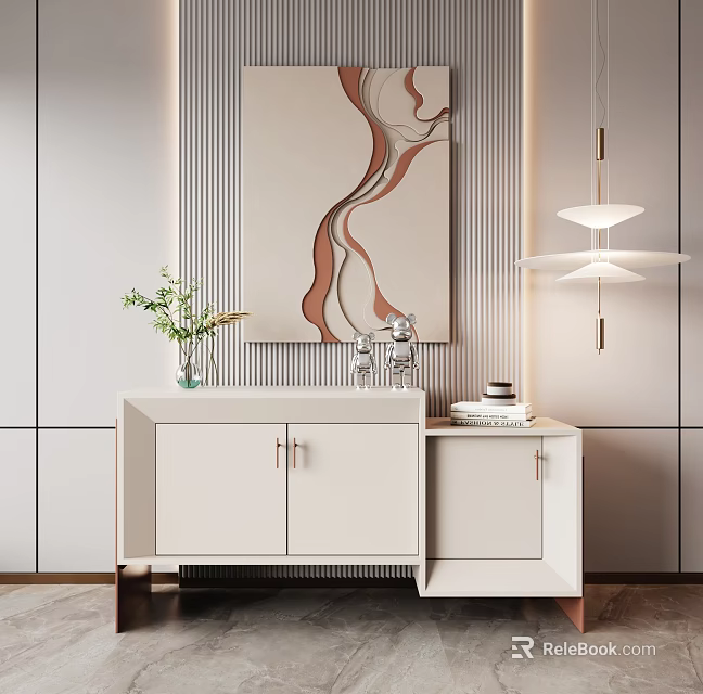 Modern Entryway Cabinet And Side Cabinet With Decorative Painting Vase And Pendant Light 3d model 