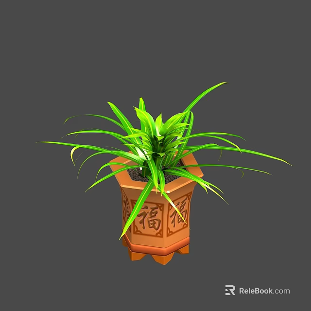 Green Leafy Potted Plant In Hexagonal Brown Pot With Decorative Patterns 3d model 