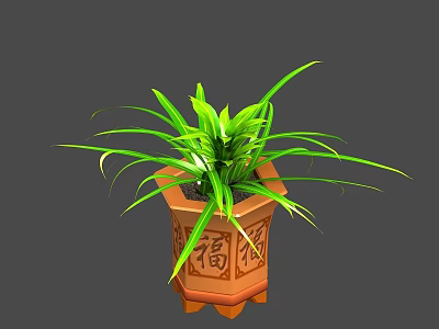 Green Leafy Potted Plant In Hexagonal Brown Pot With Decorative Patterns 3d model