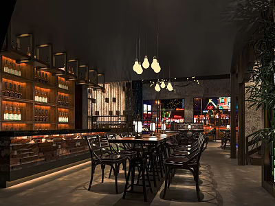 Modern Bar Interior With Wooden Wine Shelves Hanging Pendant Lights And Dining Tables 3d model