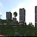 Scenic Modern Residential Community Buildings Surrounded by Greenery River and Roads