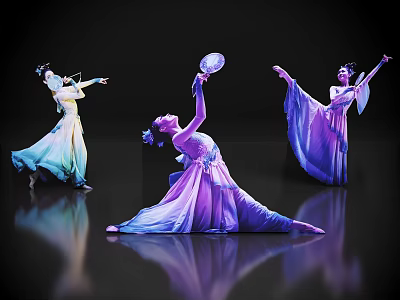 Women in Traditional Blue Purple Gradient Costumes Dancing with Elegant Movements on Black Background 3d model