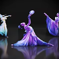 Women in Traditional Blue Purple Gradient Costumes Dancing with Elegant Movements on Black Background