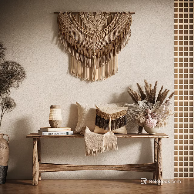 Decorative Ornament Combination With Macramé Wall Hanging Wooden Bench Pillows Dried Flowers And Table Lamp 3d model 