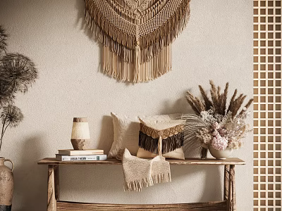 Decorative Ornament Combination With Macramé Wall Hanging Wooden Bench Pillows Dried Flowers And Table Lamp 3d model