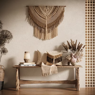 Decorative Ornament Combination With Macramé Wall Hanging Wooden Bench Pillows Dried Flowers And Table Lamp 3d model