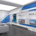 Modern Tech Savvy Exhibition Hall With Blue Background Sofas And Display Wall 3d model