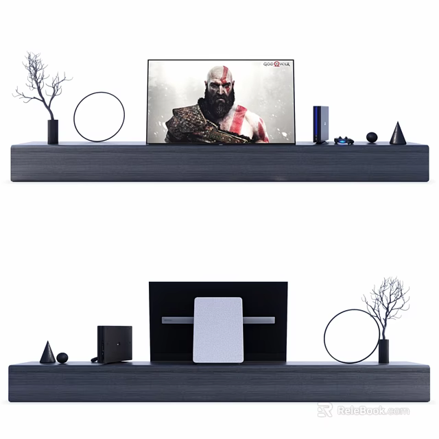 Minimalist TV Background Wall With Floating Shelf Circular Decor And Flat Screen TV 3d model 