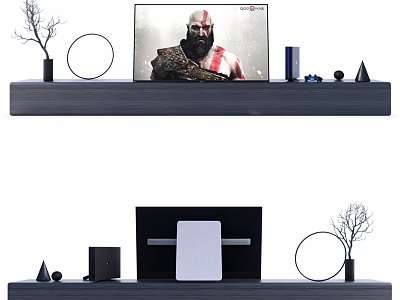 Minimalist TV Background Wall With Floating Shelf Circular Decor And Flat Screen TV 3d model