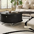 Modern Round Black Coffee Table With Metal Frame In Living Room Beige Sofa Green Plants Geometric Rug