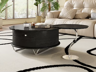 Modern Round Black Coffee Table With Metal Frame In Living Room Beige Sofa Green Plants Geometric Rug 3d model