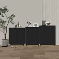 Black Entryway Cabinet and Sideboard with Decorative Items Green Plant on Wooden Floor