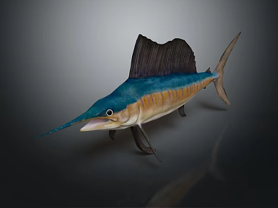 Vibrant Blue And Yellow Sailfish With Large Dorsal Fin And Long Bill In Swimming Pose 3d model