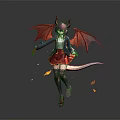 Game Movie Character With Pink Hair Horns Red Wings Tail School Uniform And Falling Leaves