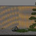 Courtyard Garden Design With Yellow Dotted Pattern Wall Pine Tree Stones Grass And Gravel