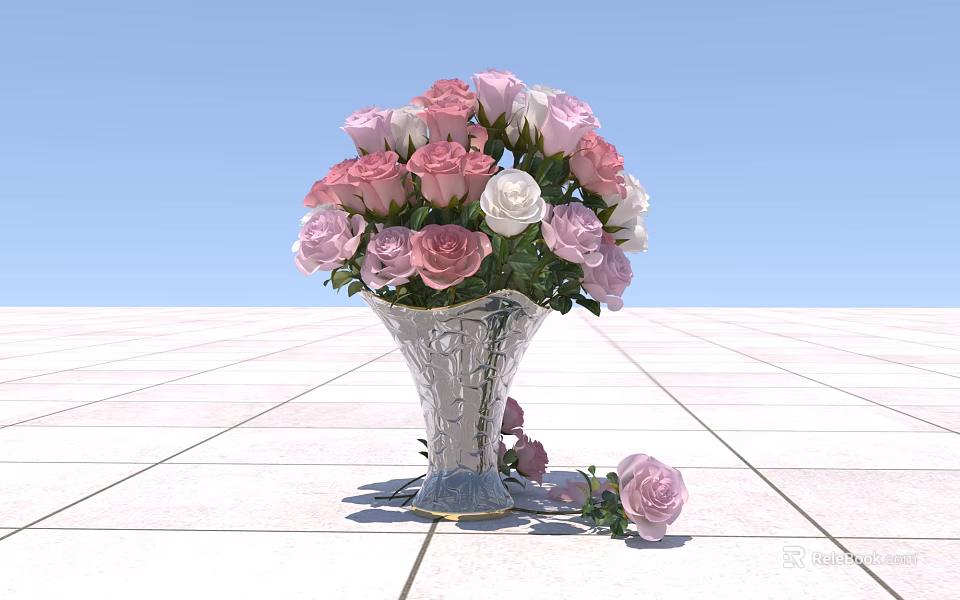 Beautiful Pink And White Roses In Silver Vase On White Tiled Floor With Fallen Blooms 3d model 