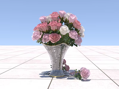 Beautiful Pink And White Roses In Silver Vase On White Tiled Floor With Fallen Blooms 3d model