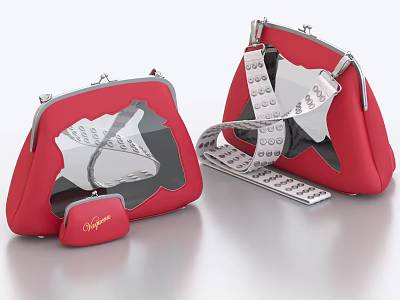 Red Handbags With Transparent Details Metal Clasps And Small Pouch 3d model