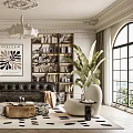 Stylish Living Room With Leather Sofa Coffee Table Patterned Rug Bookshelf Chandelier And Art Print
