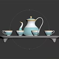 Elegant Blue And White Tea Set With Teapot Teacups Saucers Gold Accents On Gray Tray