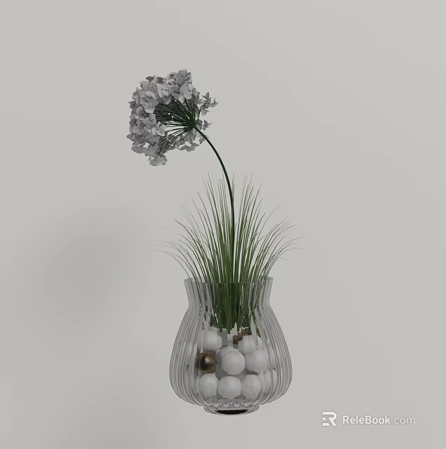 Transparent Glass Vase With White Balls Green Grass And Large White Flower On Gray Background 3d model 