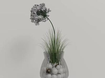 Transparent Glass Vase With White Balls Green Grass And Large White Flower On Gray Background 3d model