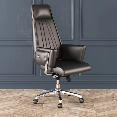 Black Leather Office Chair With Striped Backrest Silver Metal Base And Wheels For Office Use 3d model
