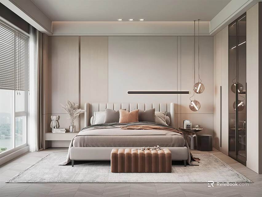 Modern Bedroom Interior Design With Platform Bed Pendant Lights Nightstands And Area Rug 3d model 