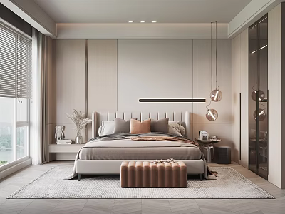 Modern Bedroom Interior Design With Platform Bed Pendant Lights Nightstands And Area Rug 3d model