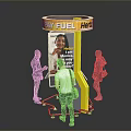 Yellow Easy Fuel Here Display Kiosk with People Interacting Around and Advertisement Poster On It