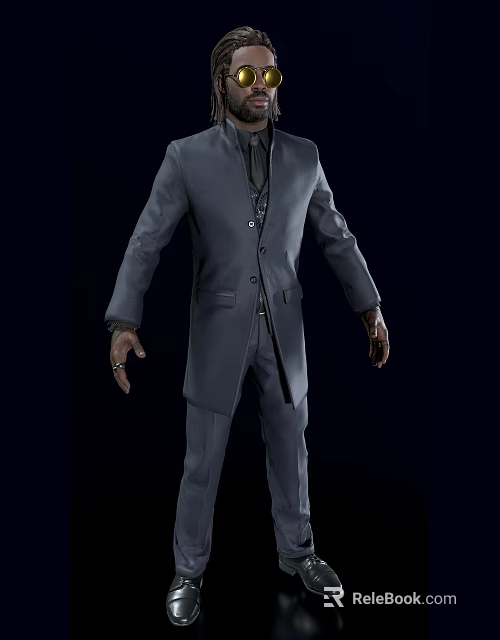 A Man In Formal Gray Suit With Long Coat Black Shirt And Dark Background 3d model 