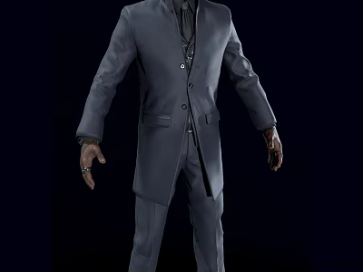 A Man In Formal Gray Suit With Long Coat Black Shirt And Dark Background 3d model