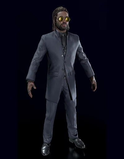 A Man In Formal Gray Suit With Long Coat Black Shirt And Dark Background 3d model