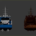 Modern Blue White Green Water Vessel and Rusty Old Ship Watercraft