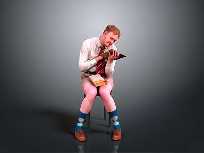 Man Reading Book Sitting On Chair With Stack Of Books On Lap 3d model