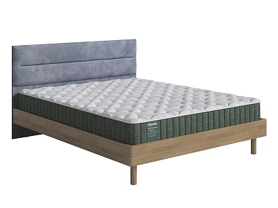 Grey Upholstered Double Bed with White Top Green Mattress and Wooden Frame 3d model