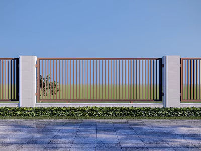 Modern Feature Wall With Metal Slats White Pillars And Green Plants Under Blue Sky 3d model