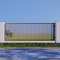 Modern Feature Wall With Metal Slats White Pillars And Green Plants Under Blue Sky