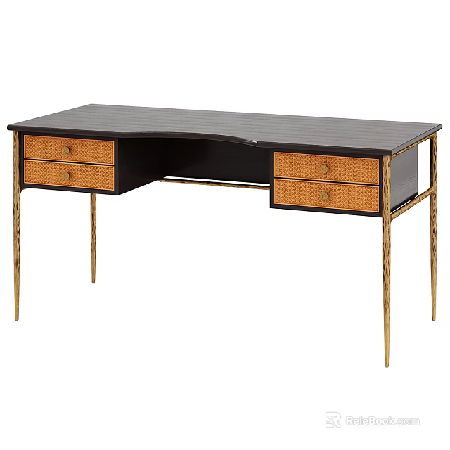 Modern Dark Wood Desk With Rattan Drawers And Gold Metal Legs 3d model 