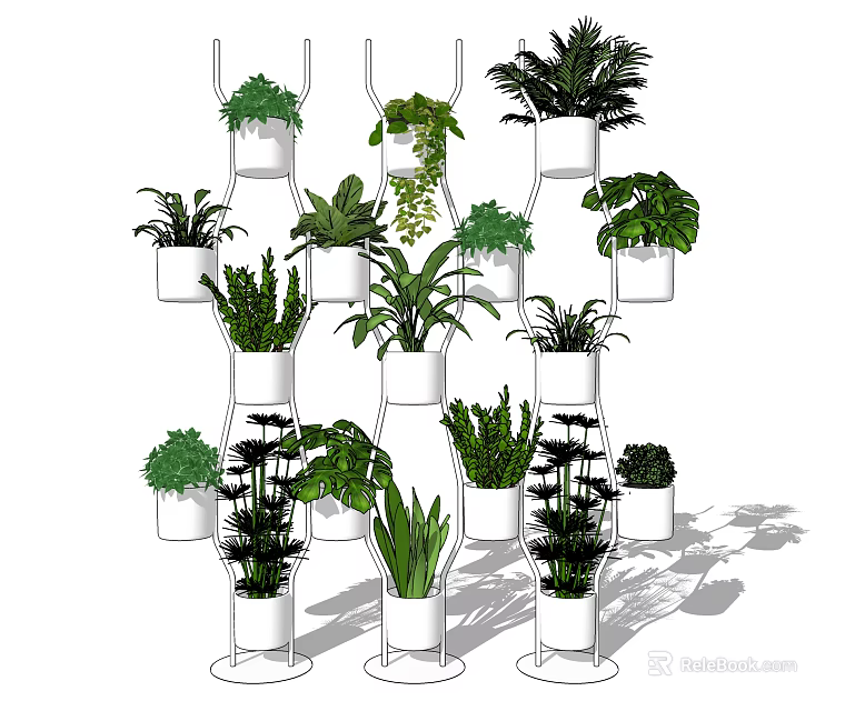 Various Green Potted Plants In White Planters Hanging And Standing Indoor 3d model 
